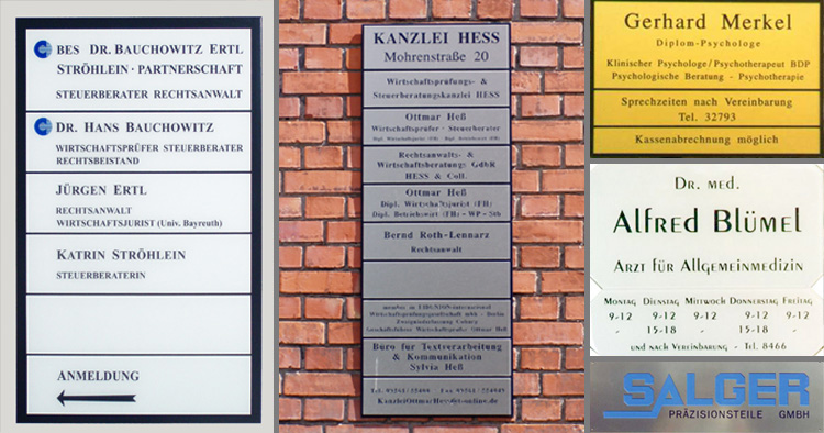 Firmenschilder, in verschiedener Fertigung von TechnoGrav